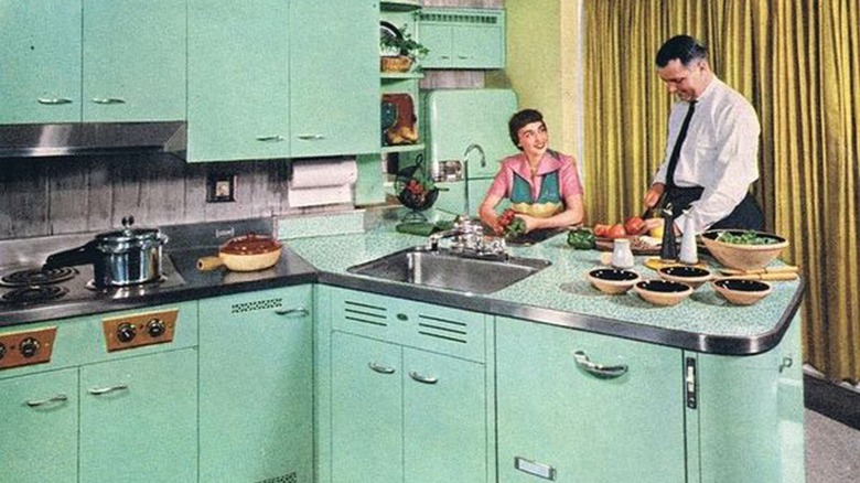 1950s kitchen with steel countertops