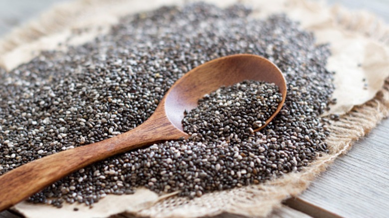 chia seeds on woven material with spoon
