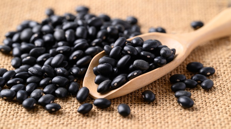 black beans on a wooden spoon