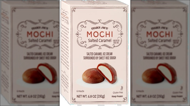 pinkish box of salted caramel mochi ice cream treats