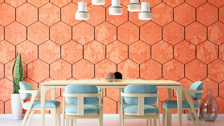 kitchen with large, bold orange tile