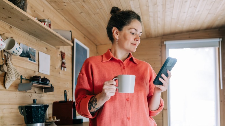 wood paneled kitchen with morning coffee break