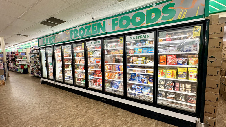 Wide shot of frozen foods section inside a Dollar Tree
