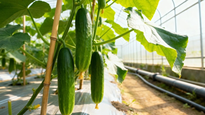cucumbers grow in greenhouse