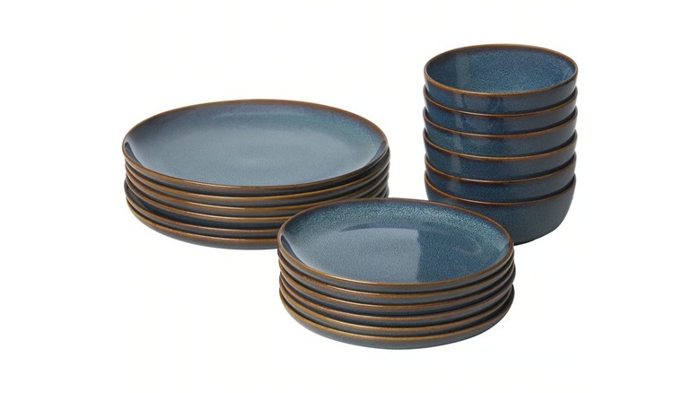 blue dishes with bronze accents