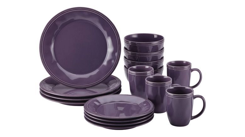 purple dinnerware with plates, bowls, and mugs