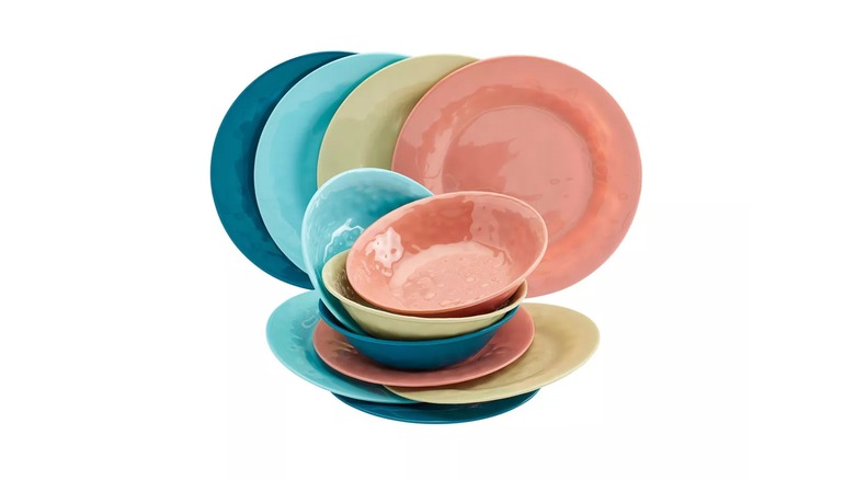 beachy colored dinnerware white background