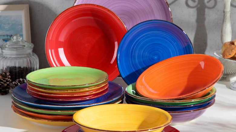 brightly colored dinnerware with rainbow colors