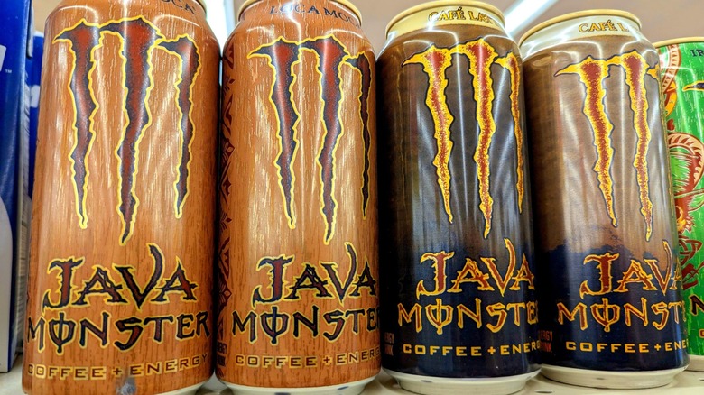 cans of java monster drinks on shelf