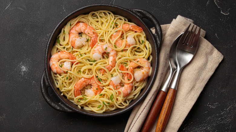 Pasta with shrimps with tails on