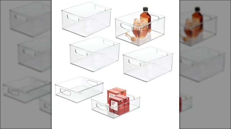 six clear plastic bins for kitchen storage