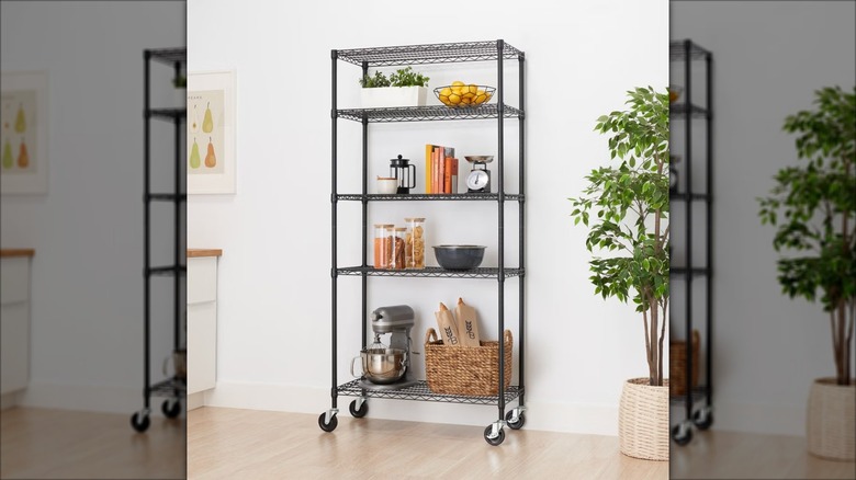 metal storage rack with kitchen implements