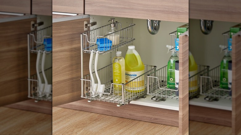 sliding undersink organizer with chemicals