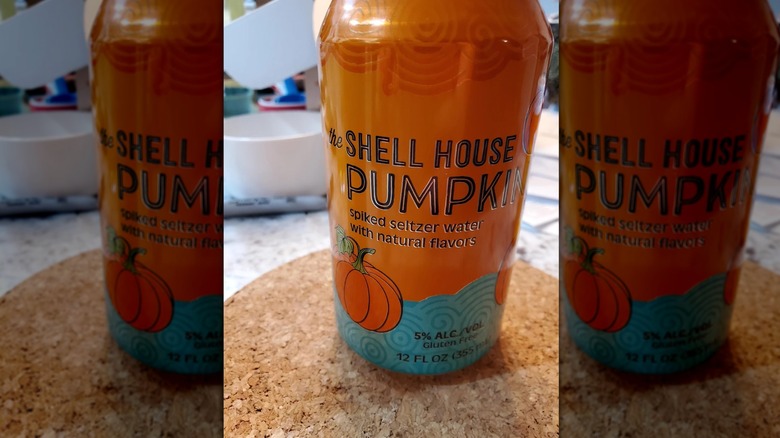 Can of The Shell House Pumpkin Spiked Seltzer on countertop