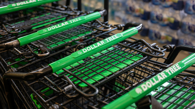 Closeup of branded Dollar Tree shopping carts.