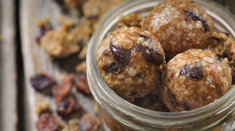 fruity no bake energy balls in a jar
