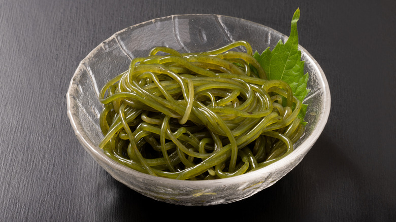 A glass bowl of kelp noodles
