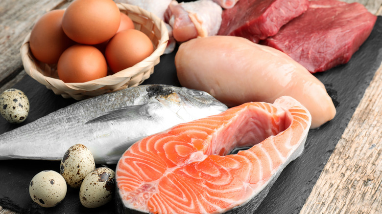 Different types of protein on a slate