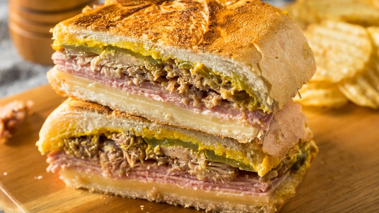 stacked halves of a thick cuban sandwich