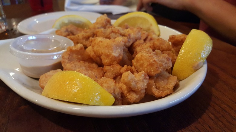 fried alligator on a platter with sauce and lemon wedges