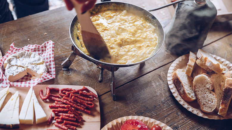 Scrambled eggs on a camping stove