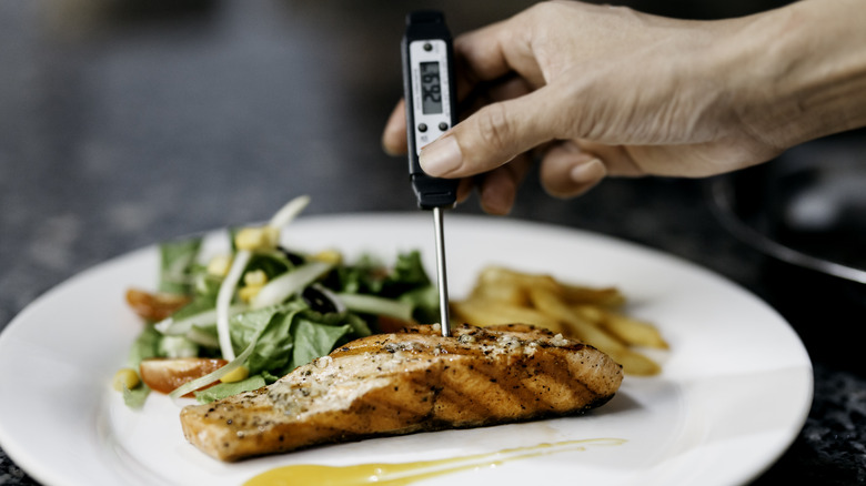 Hand measuring temperature of salmon