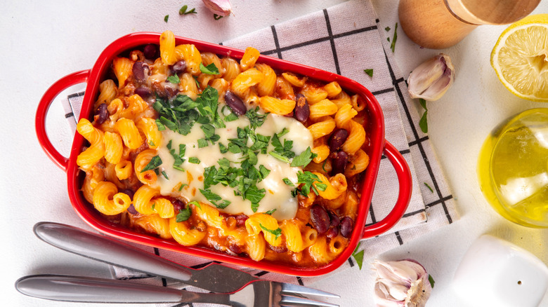 Baked macaroni casserole with beans