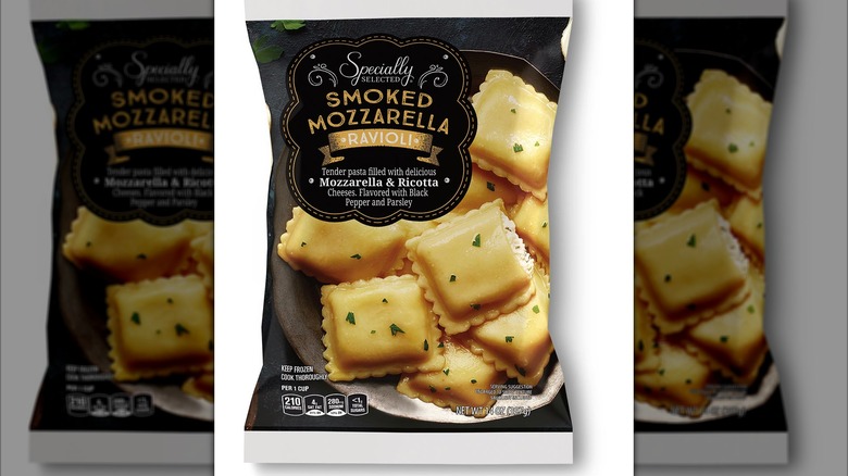 black bag of frozen ravioli with sauce