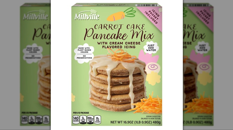 green box of carrot cake pancake mix with icing