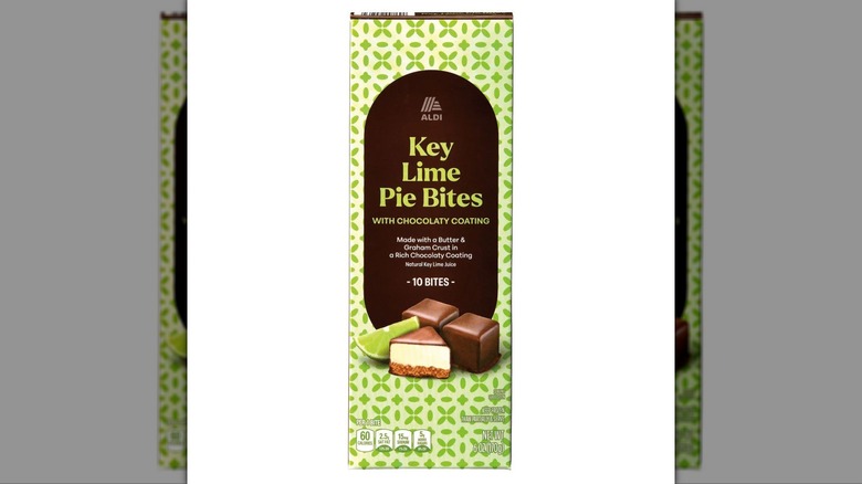 A box of chocolate covered pie bites with green wrapper