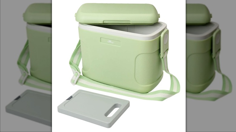 Light green cooler with the lid open next to an ice brick