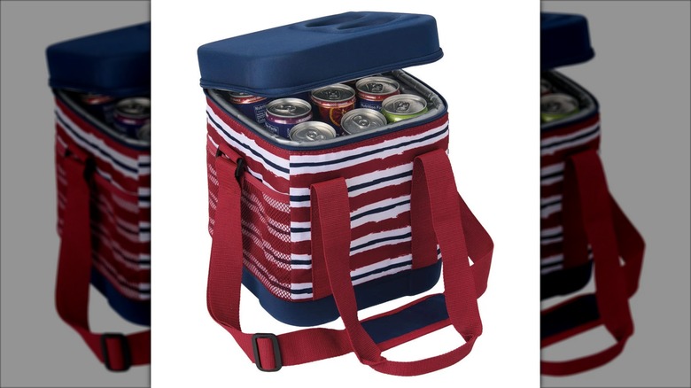 Red, white, and blue can cooler with strap, an open lid, and cans inside