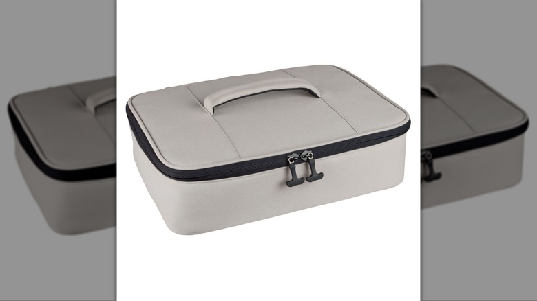 gray zip-up food carrier with handle