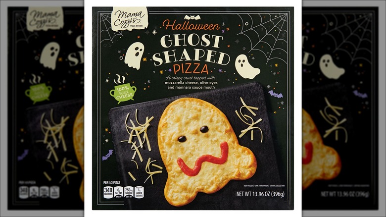 black pizza box with ghost-shaped pizza pie