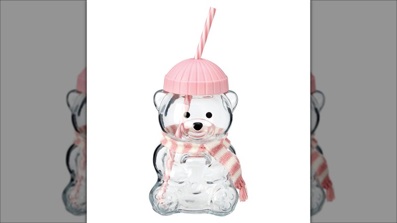drinking glass shaped like teddy bear with scarf