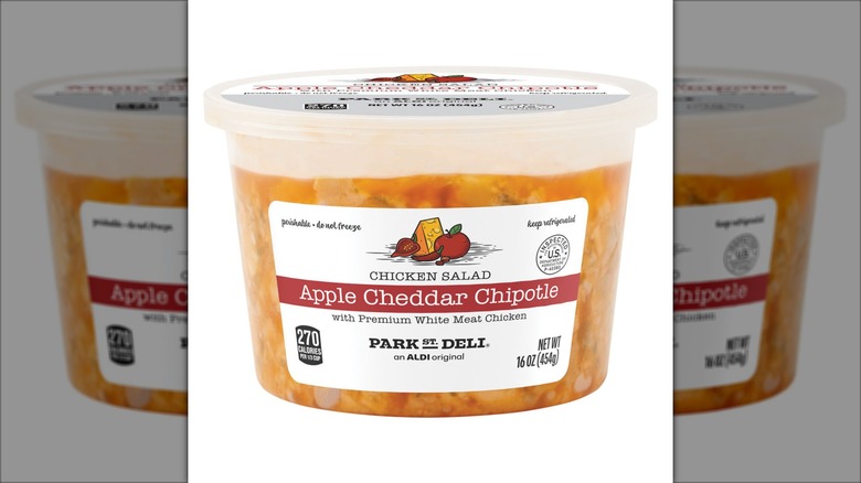 sealed container of apple cheddar chipotle chicken salad