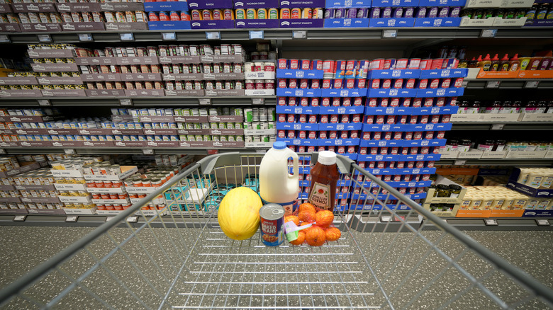 Products in Aldi shopping cart closeup against product shelves.