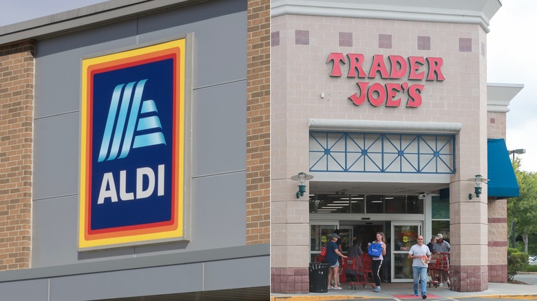 split image of aldi storefront and trader joe's storefront