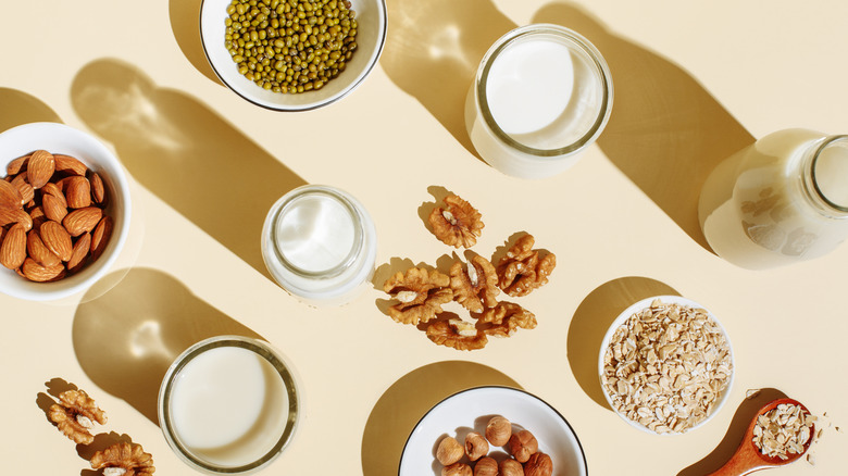 A top-down view of nut and plant based milks in glasses and a glass bottle, among ingredients including nuts and oatmeal, on a beige background