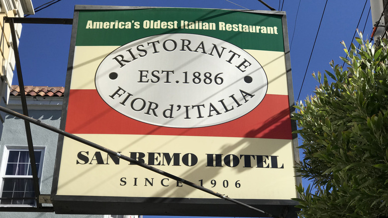 exterior view of fior d'italia in san francisco sign