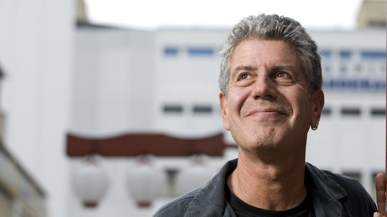 Chef and TV presenter Anthony Bourdain smiling