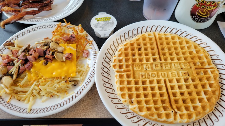 full waffle house meal with hash browns and embossed waffle