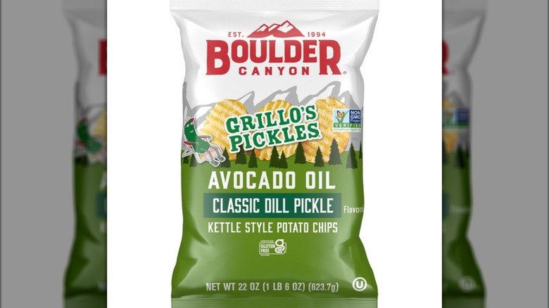 A bag of Boulder Canyon Classic Dill Pickle Potato Chips