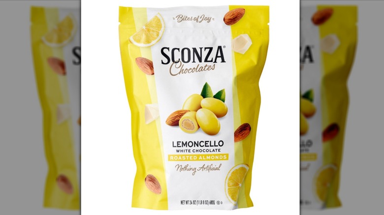 A pack of Sconza Chocolates Lemoncello White Chocolate Almonds