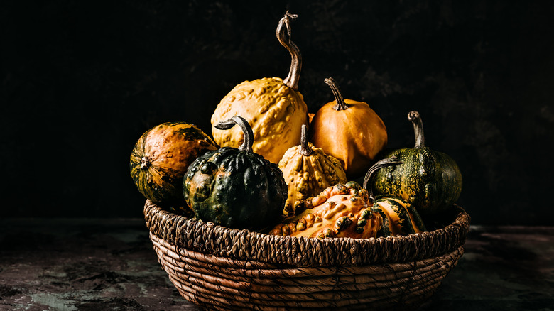 A close-up shot of a bowl of decorative gourds on a dark background