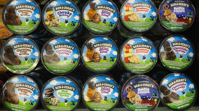 Overhead view of tubs of Ben & Jerry's ice cream tubs