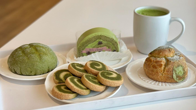 Tray with assortment of matcha baked goods