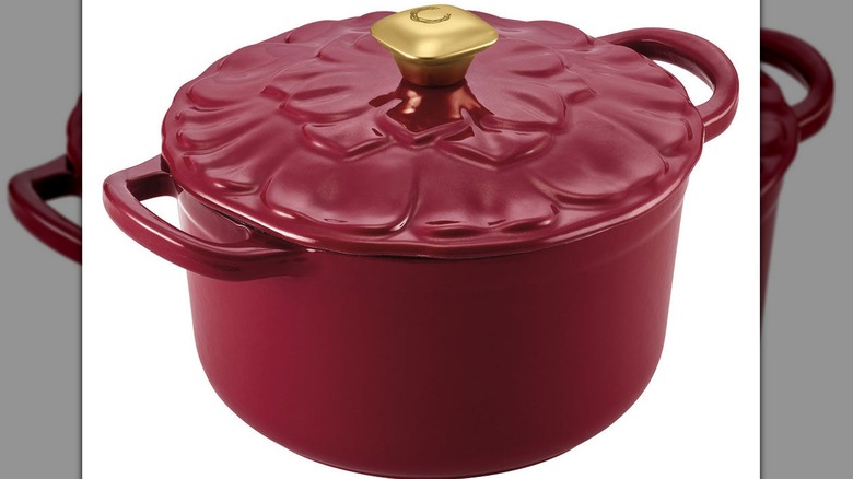 The burgindy Crofton Floral Cast Iron Dutch Oven