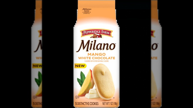 A bag of Pepperidge Farm Milano White Chocolate Mango Flavored Cookies