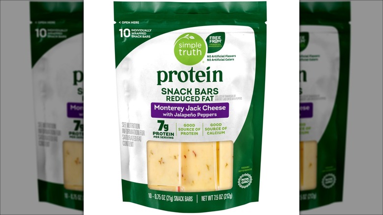 A bag of Simple Truth Protein Reduced Fat Monterey Jack Cheese with Jalapeño Peppers Snack Bars
